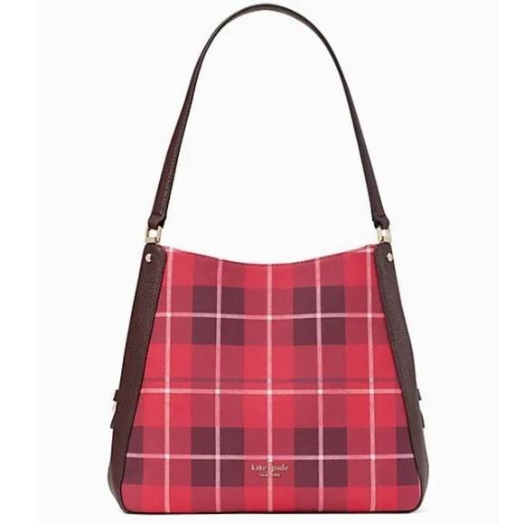 KATE SPADE Leila Rose Tartan Plaid Triple Comp Shoulder Bag Purse Pink Wine NWT - Picture 1 of 13